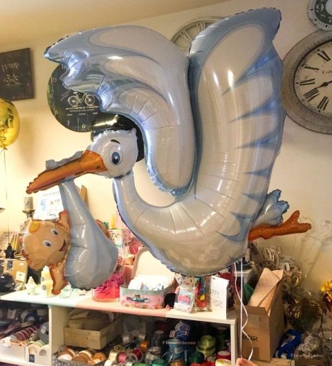 Balon Foliowy - Niebieski Bocian na Baby Shower 135 cm