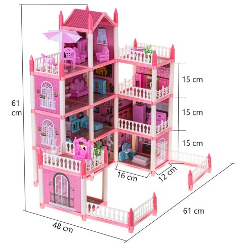 Domek dla lalek willa różowa DIY 4 poziomy mebelki 61cm